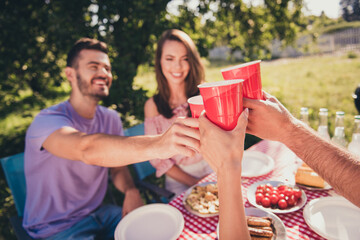 Sticker - Portrait of four people nice attractive cheerful cheery best buddy fellow guys group spending weekend sunny day drinking beverage clinking cups celebrating holiday backyard house pastime