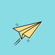 © frikota - Paper plane flying with contrail. Yellow sign on turquoise background. Concept of creativity, delivery, sending, message. Vector illustration, flat design