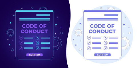 Code of Conduct vector concept with black and white background, dark ultra violet neon glowing thin icon and light-blue illustration. Document with concept of ethical, values, rules, principles