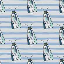Hand Drawn Moles Figures Seamless Doodle Pattern. Blue Stripped Background. Insect Stylized Print.