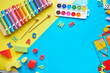 School supplies, stationery space for caption. Back to school concept. School, education and learning concept. creativity for kids. Top view colorful background. Flat lay