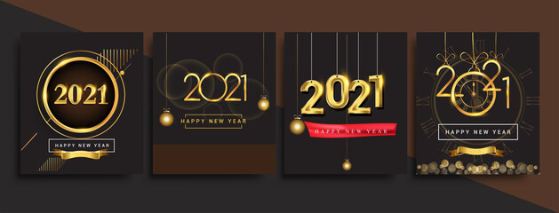 Happy New Year 2021 invitation card with glitter isolated on black background, text design gold colored, vector sets for calendar and greeting card.