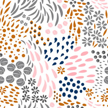 Vector Organic Seamless Abstract Background, Botanical Motif, Freehand Doodles Pattern With Stylized Flowers, Leaves, Berries And Simple Shapes.