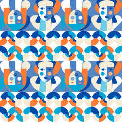 Geometric vector seamless pattern in retro style . Modern background with circles, semicircles and stylized female face in scandinavian design style,