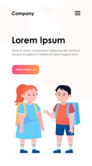 Wall Mural - Little boy and girl chatting with each other. Pupil, backpack, school flat vector illustration. Friendship and childhood concept for banner, website design or landing web page