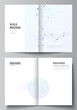 Vector layout of two A4 format cover mockups templates for bifold brochure, flyer, magazine, cover design, book design, brochure cover. Blue medical background with connecting lines and dots, plexus.