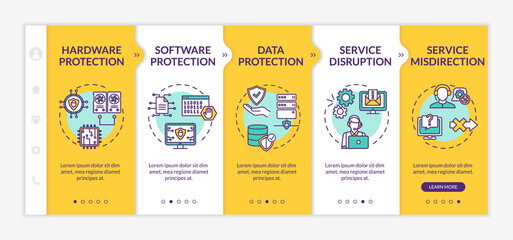 Security solutions onboarding vector template. Software, data protection. Service disruption. Responsive mobile website with icons. Webpage walkthrough step screens. RGB color concept