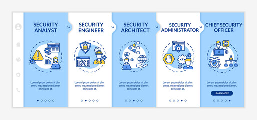 Cybersecurity careers onboarding vector template. Security analyst, engineer, architect, chief officer. Responsive mobile website with icons. Webpage walkthrough step screens. RGB color concept