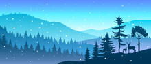 Winter Forest Landscape With Trees And Deer Silhouette, Hills, Snowflakes, Mountains. Nature Christmas Season Background With Woodland. Winter X-mas Minimal Landscape In Blue Colors With Animals