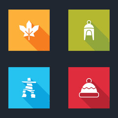 Sticker - Set Canadian maple leaf, Winter hat, Inukshuk and Beanie icon. Vector.