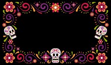 Day Of Dead Mexican Carnival Celebration Frame Design With Sugar Skull. Dia De Muertos Holiday Flower Border. Vector Illustration.