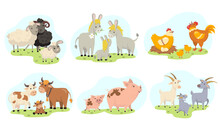 Cute Farm Animals Family Flat Illustration Set. Cartoon Domestic Goat, Sheep, Chicken, Cow, Pig, Donkey Isolated Vector Illustration Collection. Educational Activity For Children And Toddlers Concept