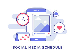Wall Mural - Social media schedule picture post on display smartphone screen feedback like heart with flat outline style