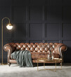 3d render of a dark living room with a brown leather capitone sofa and a classic bronze floor lamp	

