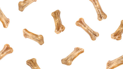 Bone-shaped dog food flying around poured in different directions on a white background.