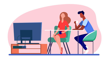 Couple sitting at table and watching TV. Together, coffee, family flat vector illustration. Leisure and entertainment concept for banner, website design or landing web page