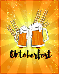 Vector greeting of oktoberfest festival, two beer mugs with wheat, party beer glasses, celebration, fest, october feastival vintage style vector illustration.