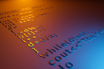 Stylized illustration of C++ code with orange and blue light. 3D rendering.