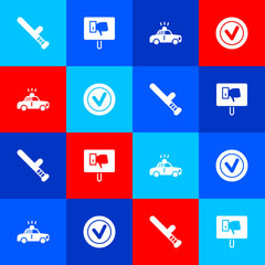 Wall Mural - Set Police rubber baton, Protest, car and flasher and Check mark in round icon. Vector.