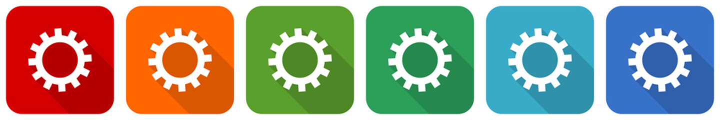 Fototapete - Gear, cogwheel icon set, flat design vector illustration in 6 colors options for webdesign and mobile applications