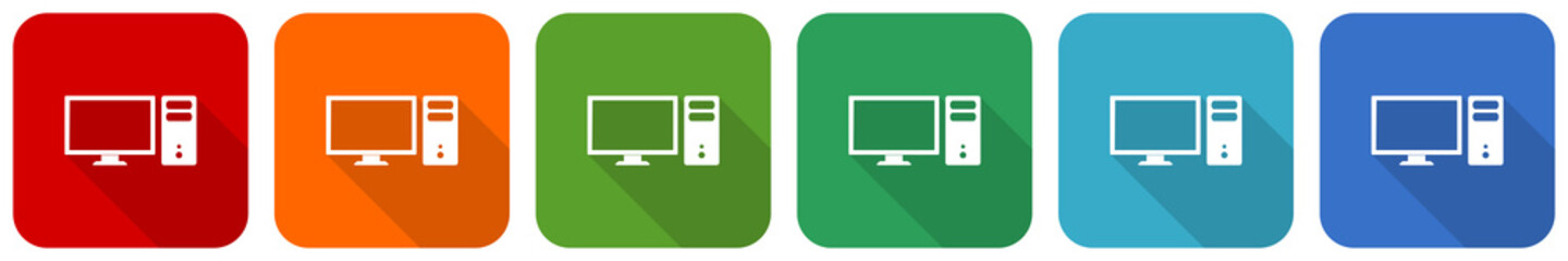 Leinwandbilder - Computer, monitor, screen, pc icon set, flat design vector illustration in 6 colors options for webdesign and mobile applications