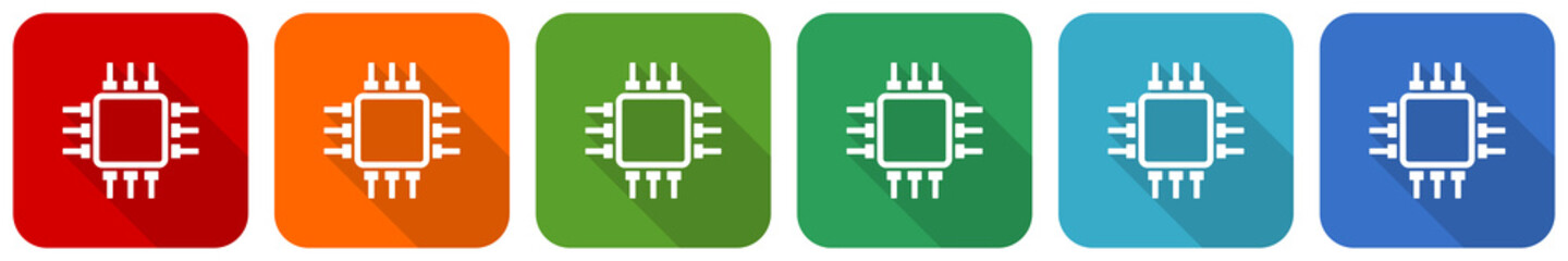 Leinwandbilder - Circuit, chip, computer icon set, flat design vector illustration in 6 colors options for webdesign and mobile applications