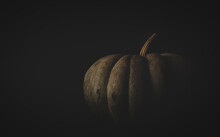 Pumpkin In Moody Style, Soft Light With Shadow On Black Background, Mystical And Dramatic Scene, Ideal For Graphic Backgrounds With Text Space