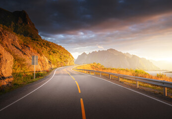 Wall Mural - road by the sea in sunrise time, lofoten island, norway