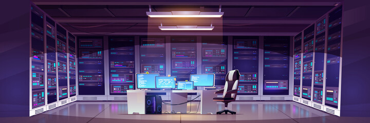Data center room with server hardware, chair and desk with computer monitors. Vector cartoon interior of information storage office with control panel, racks with hardware for network