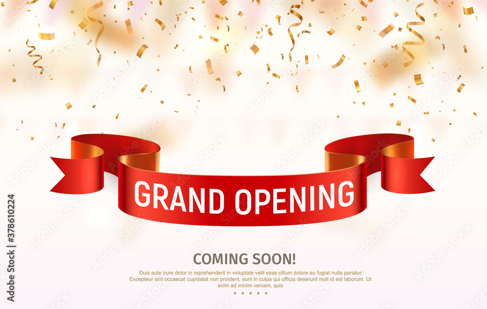 Coaming Opening Grand opening vector banner. Celebration of open coming soon light ...