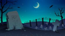 Vector Spooky Illustration With Graveyard Moonlit Night, Halloween Background