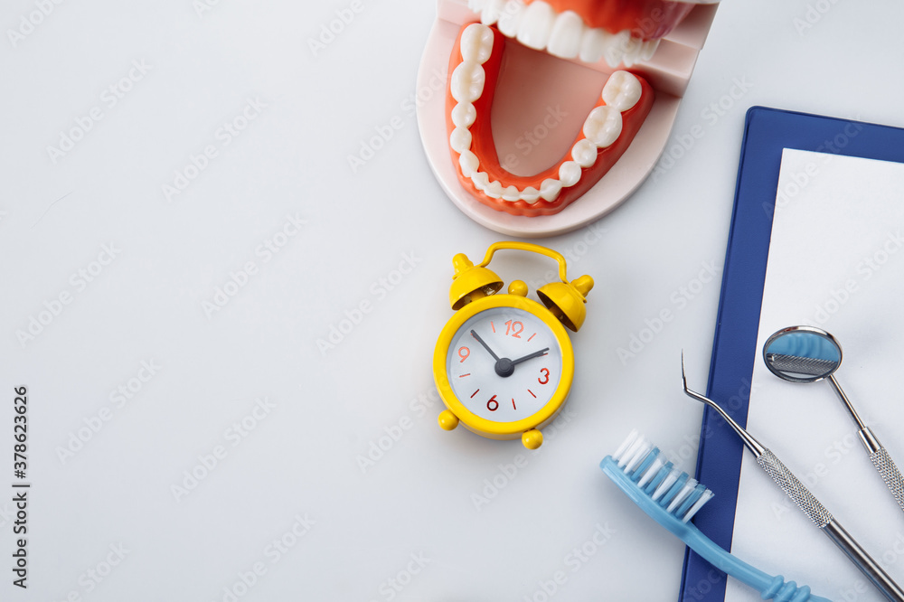 Healthy tooth model with dental tool and alarm clock in dentist's ...