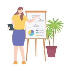 Poster - business woman working in a room with board report presentation