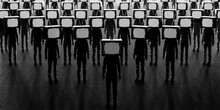 Zombie People With An Old Tv Instead Of Head. Mass Media Addiction. Television Manipulation And Crowd Control. Brainwashing Concept. 3d Render 3d Illustration