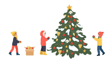 Wall Mural - Children decorating Christmas tree outdoors. Group of kids in warm clothes celebrates winter holidays.