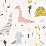 Fototapeta Dinusie - Childish seamless pattern with hand drawn funny dinosaurs. Creative vector childish background for fabric, textile