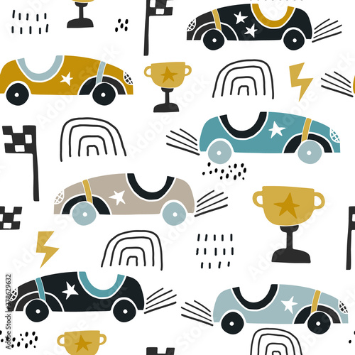 Seamless pattern with hand drawn retro racing cars Billede på lærred