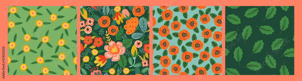 Set of Folk floral seamless patterns. Modern abstract design - obrazy, fototapety, plakaty 