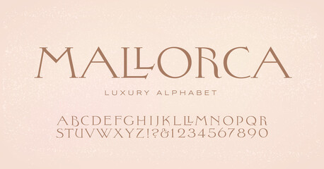 Mallorca luxury alphabet, ideal for fashion design and luxury boutique graphics. Wide and elegant capitals for a refined look.