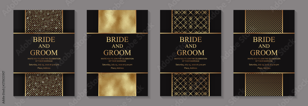 Modern geometric luxury wedding invitation design or card templates for birthday greeting or certificate or poster with golden glittering stripes on a black background. - obrazy, fototapety, plakaty 