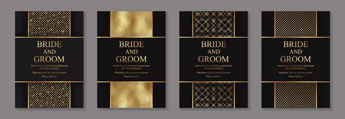 Modern geometric luxury wedding invitation design or card templates for birthday greeting or certificate or poster with golden glittering stripes on a black background.