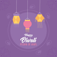 Happy Diwali, Purple Background Hanging Lanterns Festival Lights, Vector Design