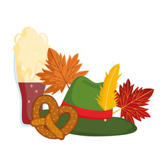 Canvas Print - oktoberfest festival, green hat with feather pretzel and autunm leaves, celebration germany traditional