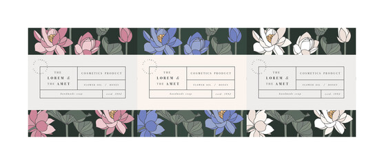 Wall Mural - Vector set pattens for cosmetics with label template design. Patterns or wrapping paper for package and beauty salons. Lotus flowers. Organic, natural cosmetic.