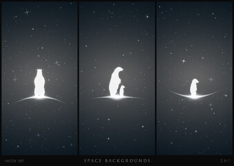 Sticker - Bear family in space. White silhouette of lonely little bear. Endangered animals. Black and white vertical backgrounds with stars and glowing outline. Abstract vector illustration set