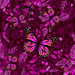 Burgundy purple floral background with butterflies. Beautiful background print for fabric. Vector illustration