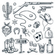 Wild West and Texas vintage icons set. Vector hand drawn sketch illustration, isolated on white background