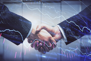 Double exposure of forex graph hologram and handshake of two men. Stock market concept.