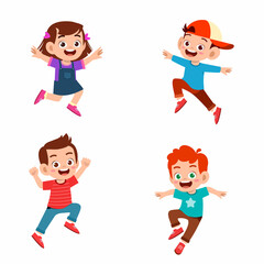 Wall Mural - happy cute kid boy and girl jump and smile set bundle. multiracial friend together