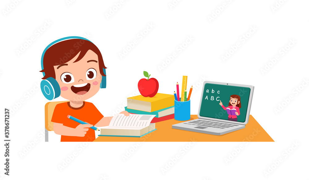 happy cute little kid do home school with computer laptop connect to ...